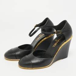 Pre Owned Chanel CC Size 38 Black Leather Wedge Pumps