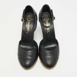 Pre Owned Chanel CC Size 38 Black Leather Wedge Pumps