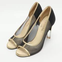 Pre Owned Chanel CC Size 37.5 Black/Gold Leather and Mesh Peep Toe Pumps