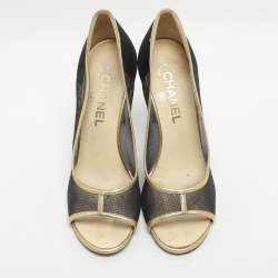 Pre Owned Chanel CC Size 37.5 Black/Gold Leather and Mesh Peep Toe Pumps