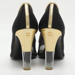 Pre Owned Chanel CC Size 37.5 Black/Gold Leather and Mesh Peep Toe Pumps