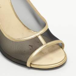 Pre Owned Chanel CC Size 37.5 Black/Gold Leather and Mesh Peep Toe Pumps