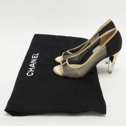 Pre Owned Chanel CC Size 37.5 Black/Gold Leather and Mesh Peep Toe Pumps