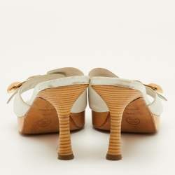 Pre Owned Chanel Size 37.5 White Leather Wooden Platform Slide Sandals