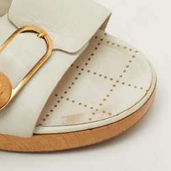 Pre Owned Chanel Size 37.5 White Leather Wooden Platform Slide Sandals