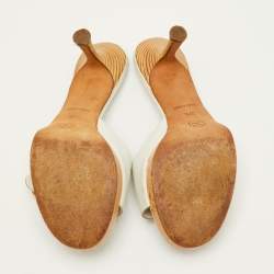 Pre Owned Chanel Size 37.5 White Leather Wooden Platform Slide Sandals