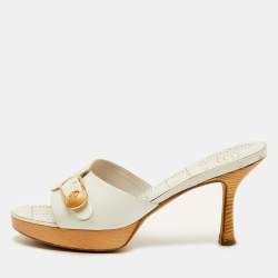 Pre Owned Chanel Size 37.5 White Leather Wooden Platform Slide Sandals
