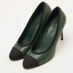 Pre Owned Chanel CC Size 40 Dark Green/Black Leather Cap Toe Pumps