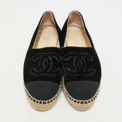 Pre Owned Chanel interlocking CC Size 38 Black Canvas and Velvet Cap Toe Espadrille Flat