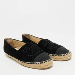 Pre Owned Chanel interlocking CC Size 38 Black Canvas and Velvet Cap Toe Espadrille Flat