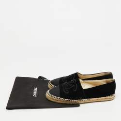 Pre Owned Chanel interlocking CC Size 38 Black Canvas and Velvet Cap Toe Espadrille Flat