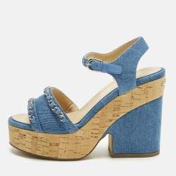 Pre Owned Chanel Size 37 Blue Denim Cork Platform Ankle Strap Sandals