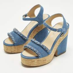 Pre Owned Chanel Size 37 Blue Denim Cork Platform Ankle Strap Sandals