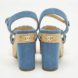 Pre Owned Chanel Size 37 Blue Denim Cork Platform Ankle Strap Sandals