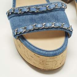 Pre Owned Chanel Size 37 Blue Denim Cork Platform Ankle Strap Sandals