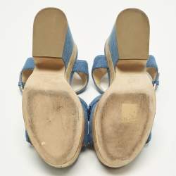 Pre Owned Chanel Size 37 Blue Denim Cork Platform Ankle Strap Sandals