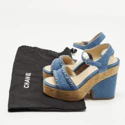 Pre Owned Chanel Size 37 Blue Denim Cork Platform Ankle Strap Sandals