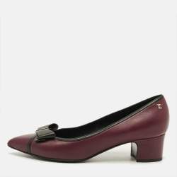 Pre Owned Chanel CC Size 40 Burgundy/Black Leather Bow Block Heel Pumps