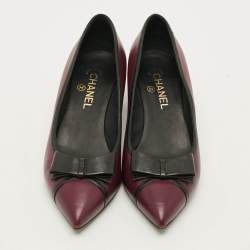 Pre Owned Chanel CC Size 40 Burgundy/Black Leather Bow Block Heel Pumps