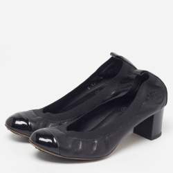 Pre Owned Chanel CC Size 37 Black Patent And Leather Cap Toe Scrunch Pumps