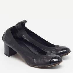 Pre Owned Chanel CC Size 37 Black Patent And Leather Cap Toe Scrunch Pumps