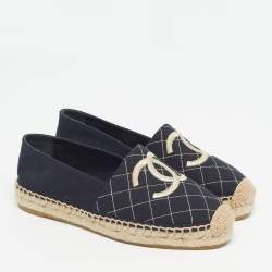 Pre Owned Chanel CC Size 36 Navy Blue Canvas Espadrille Flats