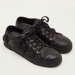 Pre Owned Chanel CC Camellia Size 37 Black Leather Low Top Sneakers