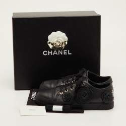Pre Owned Chanel CC Camellia Size 37 Black Leather Low Top Sneakers
