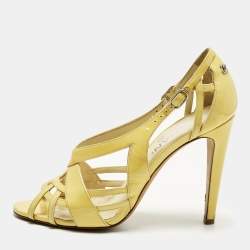 Pre Owned Chanel Size 37.5 Beige Patent Leather Ankle Strap Sandals