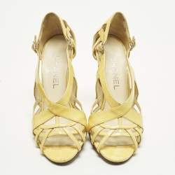 Pre Owned Chanel Size 37.5 Beige Patent Leather Ankle Strap Sandals