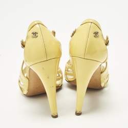 Pre Owned Chanel Size 37.5 Beige Patent Leather Ankle Strap Sandals