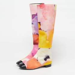 Pre Owned Chanel Size 37.5 Multicolor Patent Leather And Satin Rain Boots