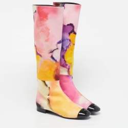 Pre Owned Chanel Size 37.5 Multicolor Patent Leather And Satin Rain Boots