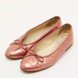 Pre Owned Chanel CC Size 37.5 Rose Pink Quilted Patent Leather Bow Cap Toe Ballet Flats