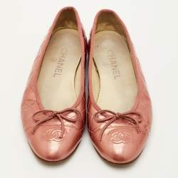 Pre Owned Chanel CC Size 37.5 Rose Pink Quilted Patent Leather Bow Cap Toe Ballet Flats