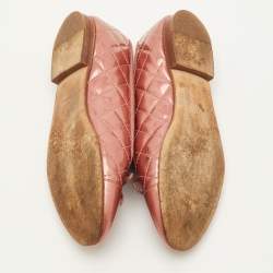 Pre Owned Chanel CC Size 37.5 Rose Pink Quilted Patent Leather Bow Cap Toe Ballet Flats