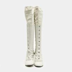 Pre Owned Chanel Size 39 Grey/Cream Crocodile Leather and Leather Knee Length Boots