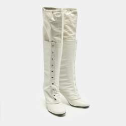 Pre Owned Chanel Size 39 Grey/Cream Crocodile Leather and Leather Knee Length Boots