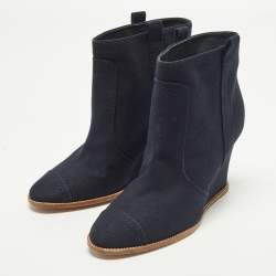 Pre Owned Chanel Size 39 Navy Blue Canvas Chain Wedge Boots