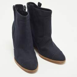 Pre Owned Chanel Size 39 Navy Blue Canvas Chain Wedge Boots