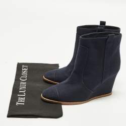 Pre Owned Chanel Size 39 Navy Blue Canvas Chain Wedge Boots