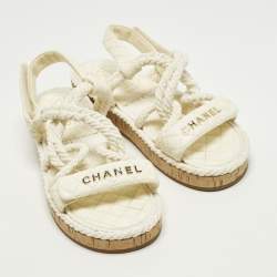 Pre Owned Chanel Dad CC Size 39 Cream Quilted Leather and Rope Slingback Sandals