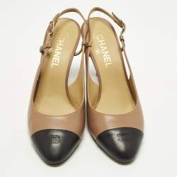 مملوكة مسبقًا Chanel CC Size 38.5 Beige/Black Leather Cap Toe Slingback Sandals