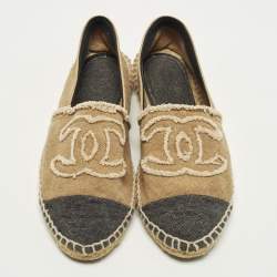 Pre Owned Chanel CC Size 36 Brown/Black Canvas Cap Toe Espadrille Flats