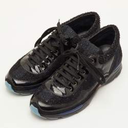 Pre Owned Chanel Size 40 Black Patent Leather, Suede and Tweed Low Top Sneakers