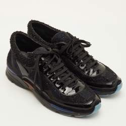 Pre Owned Chanel Size 40 Black Patent Leather, Suede and Tweed Low Top Sneakers