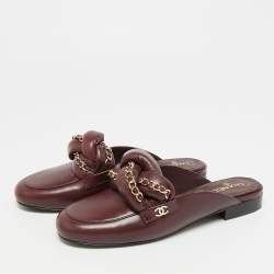 Pre Owned Chanel CC Size 36.5 Burgundy Leather Braided Chain Mules