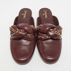 Pre Owned Chanel CC Size 36.5 Burgundy Leather Braided Chain Mules