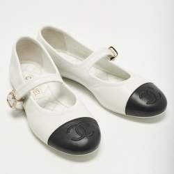 Pre Owned Chanel Size 39 White/Black Leather Mary Jane Ballet Flats