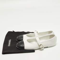 Pre Owned Chanel Size 39 White/Black Leather Mary Jane Ballet Flats